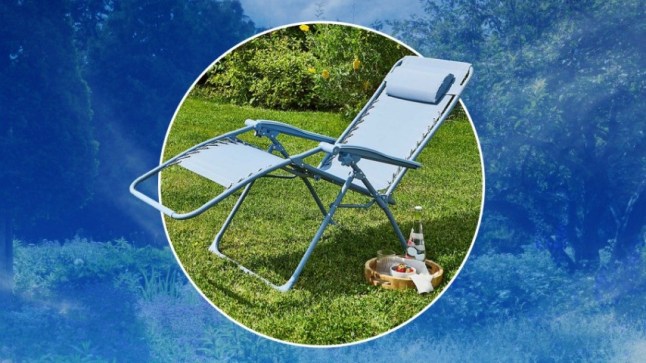 Dunelm Helsinki lounge chair on a blue-tinted image of a garden.