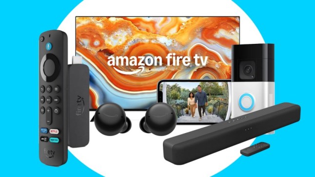 An array of Amazon devices on a blue and white background