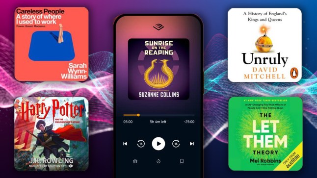 Five Audible books on a colourful background.