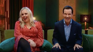 A still of Roisin Connaty and Jimmy Carr laughing on Last One Laughing