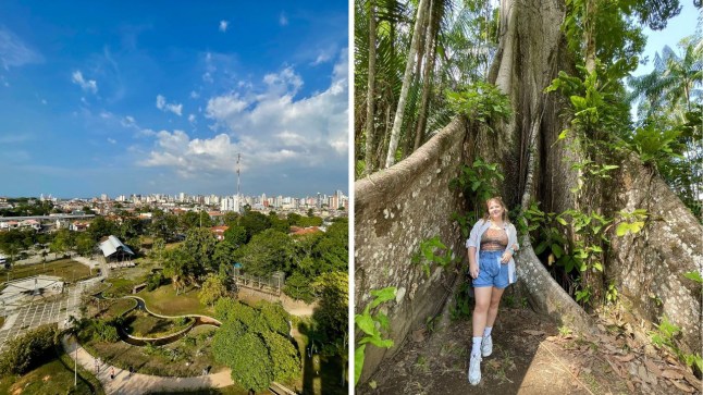 Danni Scott standing in the rainforest in front of a tree, next to a a view of Belém from above.