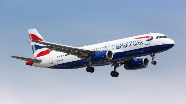 A British Airways Airbus A320 aeroplane flying across a blue sky.