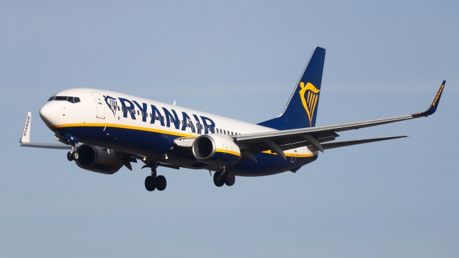 A Ryanair Boeing 737 plane flying in the sky.