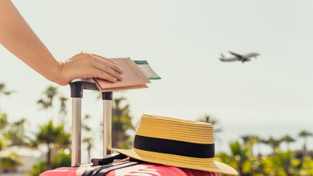 Woman with pink suitcase and passport with boarding pass standing on passengers ladder of airplane opposite sea with palm trees. Tourism concept