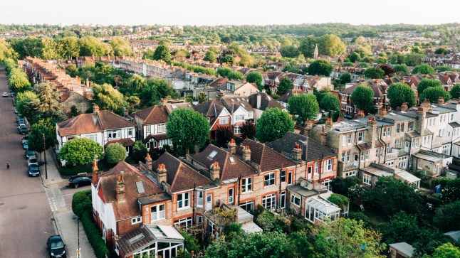 An aerial view of an suburban streets and houses in North London