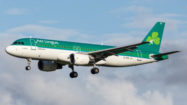 An Aer Lingus Airbus A320-200 plane flying in the sky.