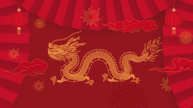 Chinese translation: Lucky Chinese Year of the Dragon. Lunar New Year Dragon Year Celebration Vintage  vector Poster