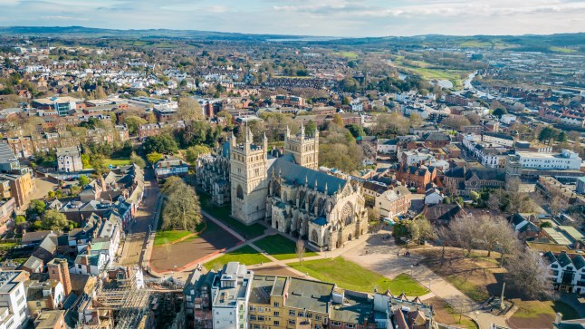 Exeter Cathedral and wider city in Devon