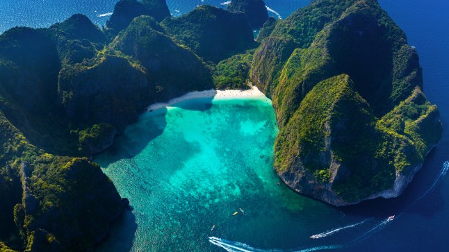 Aerial view of Maa bay in Phi phi island, Thailand.