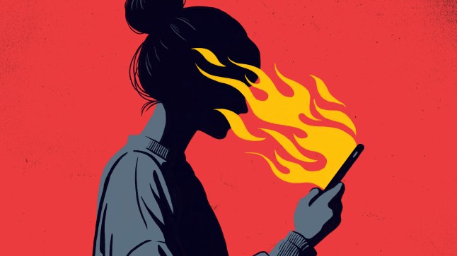 Illustration of Woman Holding Phone with Flames Emanating