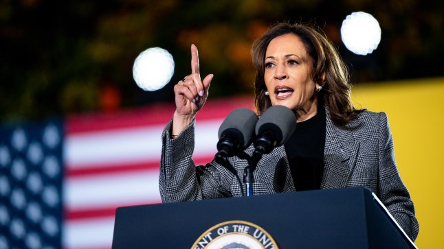 Kamala Harris speaking into a microphone at a lectern during a presidential campaign (Picture: Brandon Bell/Getty Images)