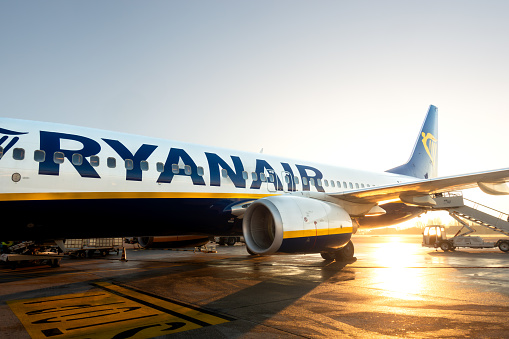 Ryanair airplane in the morning ready for take-off