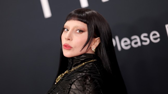 Lady Gaga looks over her shoulder while wearing black outfit