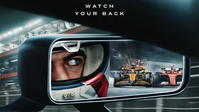 Formula 1 Drive to Survive artwork, showing a driver looking back at two racecars in a car mirror.