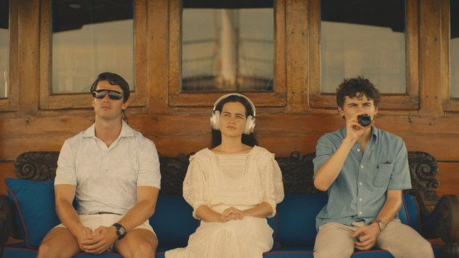 Patrick Schwarzenegger, Sarah Catherine Hook and Sam Nivola in The White Lotus season 3