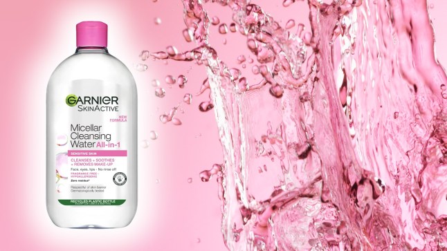 Garnier Micellar Cleansing Water bottle next to an image of water sloshing against a pink background
