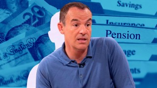 Martin Lewis against a composite blue background with British currency and files labelled Pension and Mortgage