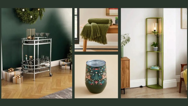 Four images of Dunelm's homeware Special Buys including a drinks table, a travel cup with festive patterns on the side, a green boucle blanket and a green corner unit