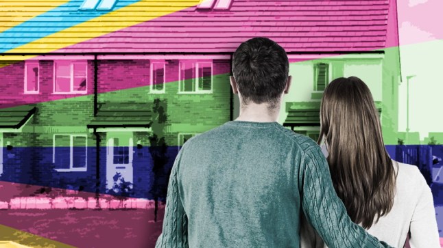 A composite graphic of a house with a couple standing with their backs to camera