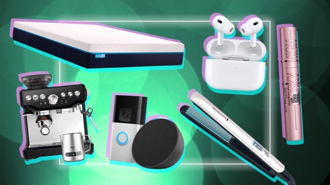 A selection of items available in Amazon's Spring Sale 2025, including a coffee machine, mascara tube, hair straighteners, wireless headphones and a mattress.