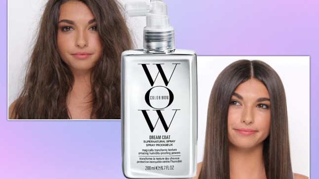 Image of Color Wow Dream Coat spray on a model, showing the before and after results.