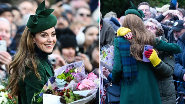 Kate Middleton the Princess of Wales with the Christmas church crowd and hugging a cancer patient.