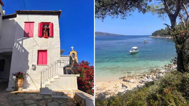 (L) A woman looking out of a window from a whitewashed Greek house with pink shutters. (R) a beach in Skopelos with two boats on the water under a blue sky.