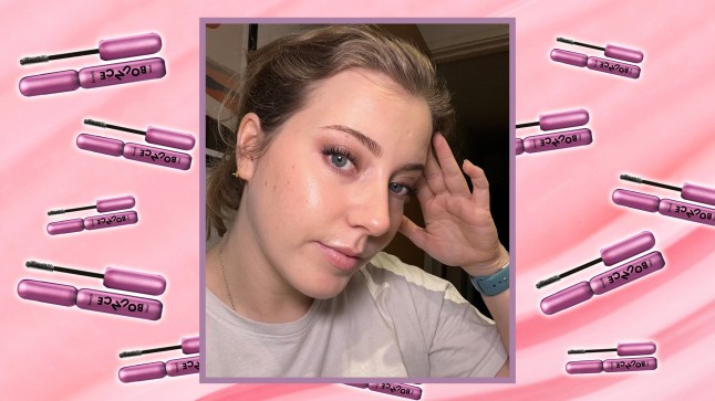 Woman wearing Benefit BadGal Bounce mascara next to an image of the mascara