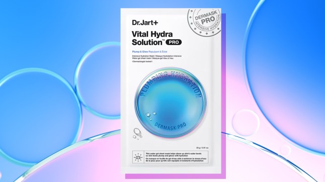 Dermask Vital Hydra Solution Pro from Dr. Jart+ on a blue/purple background with hydrating bubbles.