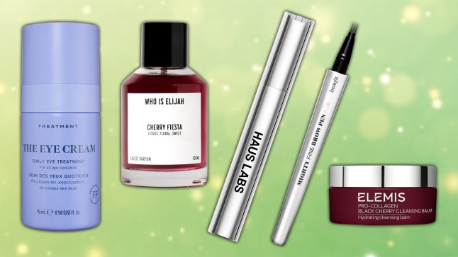 Beauty products including Skin Rocks The Eye Cream, Who Is Elijah Cherry Fiesta, HAUS LABS BY LADY GAGA B Structural Mascara, benefit Mighty Fine Brow Pen and Elemis Pro-Collagen Black Cherry Cleansing Balm.
