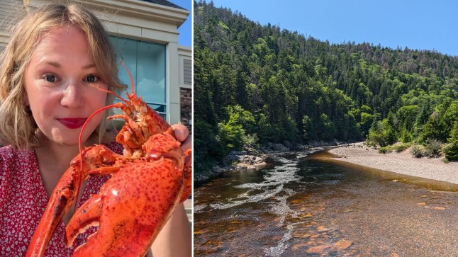 Metro journalist Ruth Lawes holding a lobster, next to a ravine in New Brunswick, Canada.