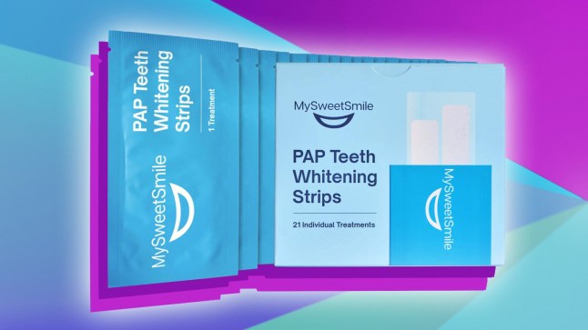 The MySweetSmile Teeth Whitening Strips on a blue and purple background.