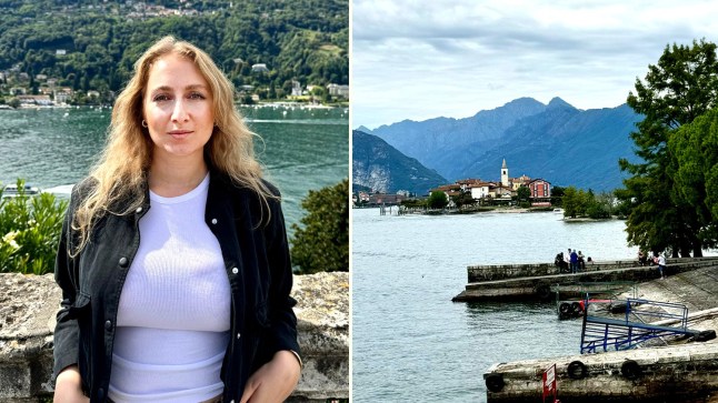 Metro's Gergana Krasteva posing in front of Lake Maggiore in Italy, next to a view of the lake with mountains behind it.