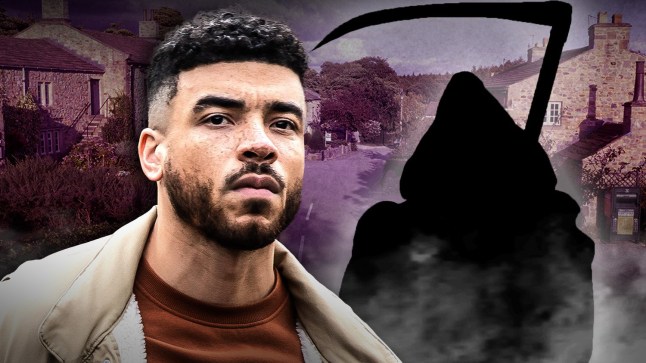 Nate Robinson alongside the grim reaper in front of the Emmerdale village.