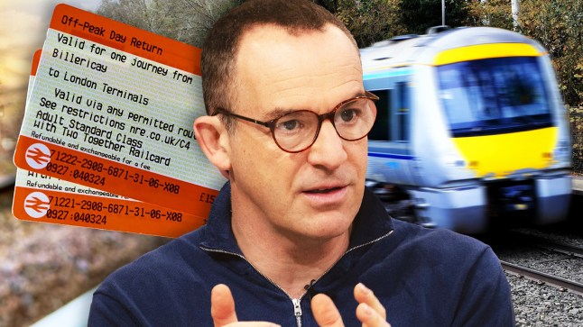 Martin Lewis is pictured against a backdrop of two UK train tickets and one train moving on tracks.