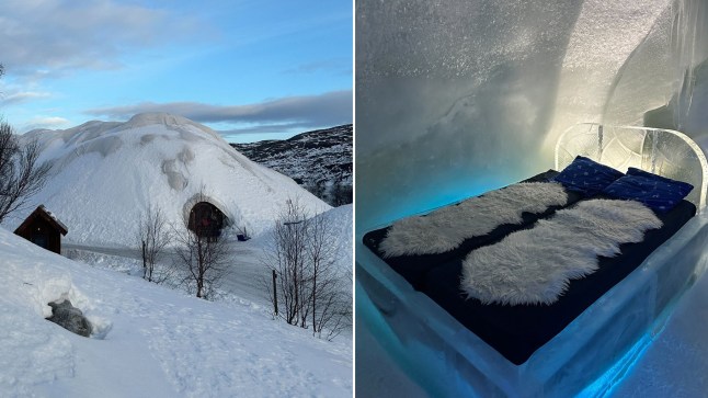 The Snow Hotel in Kirkenes, Norway, and the ice beds inside the igloo rooms with reindeer skin and a navy mattress on top