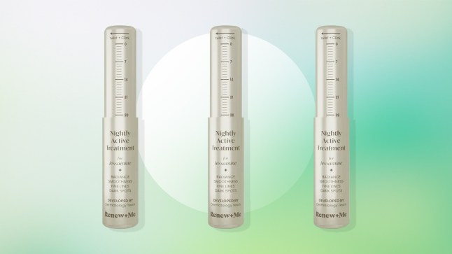 Three of the Renew + Me Nightly-Active-Cream on a green background.
