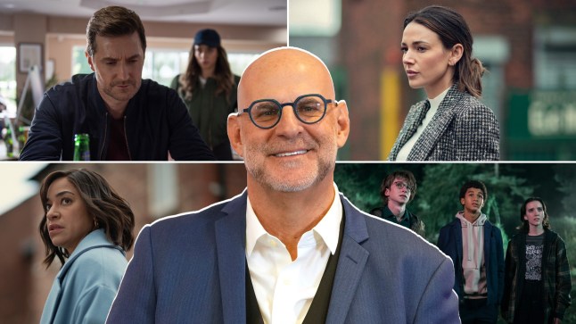 Montage of Harlen Coben dramas with the author stood in the middle
