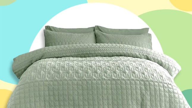 The Dunelm Billie bed sheet set in Sage on a green, white, blue and orange background.