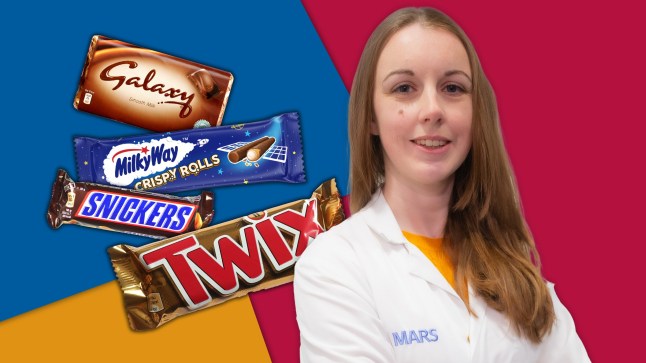 Lizzy Dinsdale, a chocolate scientist for Mars and pictures of iconic Mars chocolate bars including Twix, Snickers and Galaxy on a colourful background