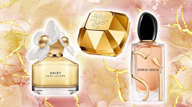 A roundup of perfumes on sale at Amazon on a marbled background.