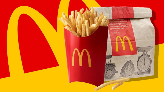 McDonald's logo with fries and a bag of food