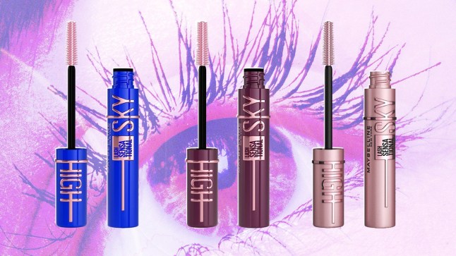 An image of an eye with three of the Maybelline Lash Sensational Sky High Mascaras in front - blue, burgundy and black.