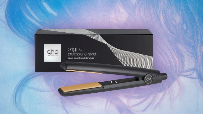 A photo of the ghd Original Straighteners on a purple-tinted image of hair.