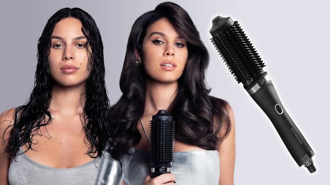Model's hair before and after using the ghd Duet Blowdry Hair Dryer Brush, pictured with the brush also.