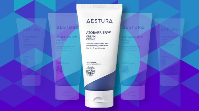 Aestura Atobarrier 365 Cream on a vibrant blue background