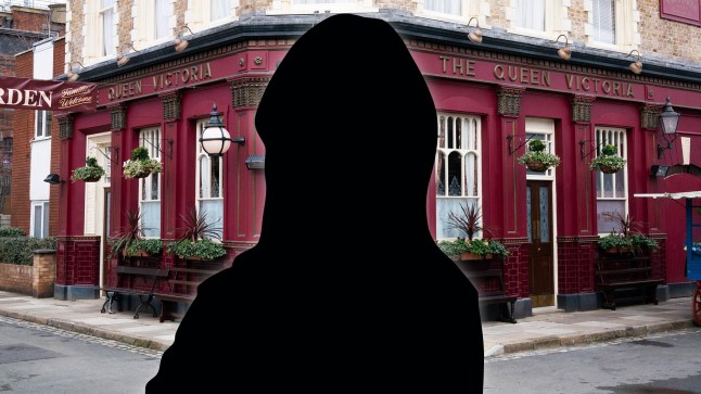 Silhouette of a woman against EastEnders Old Vic pub