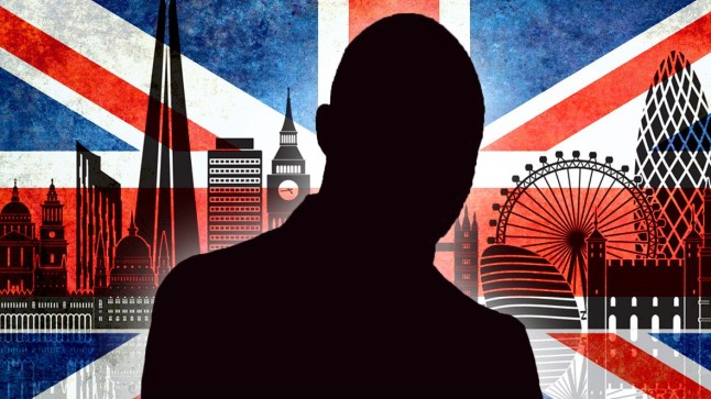 Silhouette against London background and union jack flag