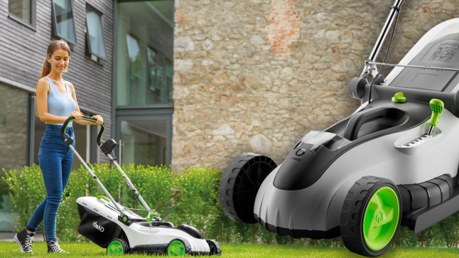 Model using Gtech’s CLM50 cordless lawnmower