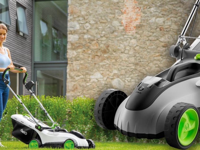 Model using Gtech’s CLM50 cordless lawnmower